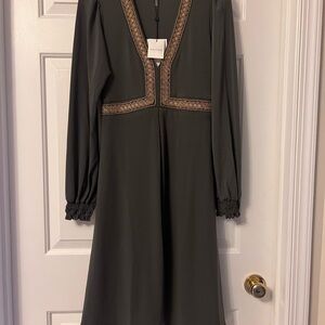 Hale Bob Green A-line Dress with Bishop Sleeves and V-neck